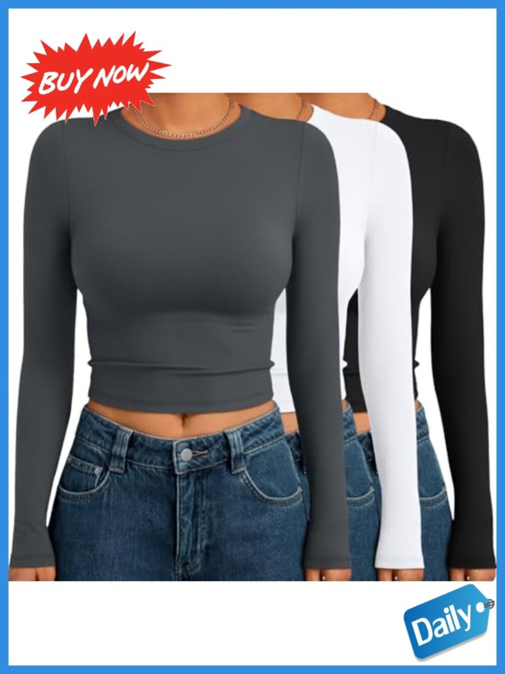 3 Pack Women's Long Sleeve Crop Tops Crew Neck Gym Yoga Basic